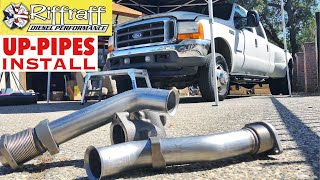 2001 F350 73  RiffRaff UpPipes Install  Stock up pipes leaking and falling apart JUNK SP [upl. by Eppie822]